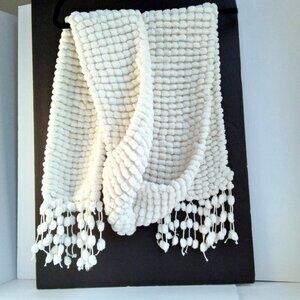 White Chenille Scarf with Long, Fringe of Pom Poms, Soft, Cuddly, & Very Warm